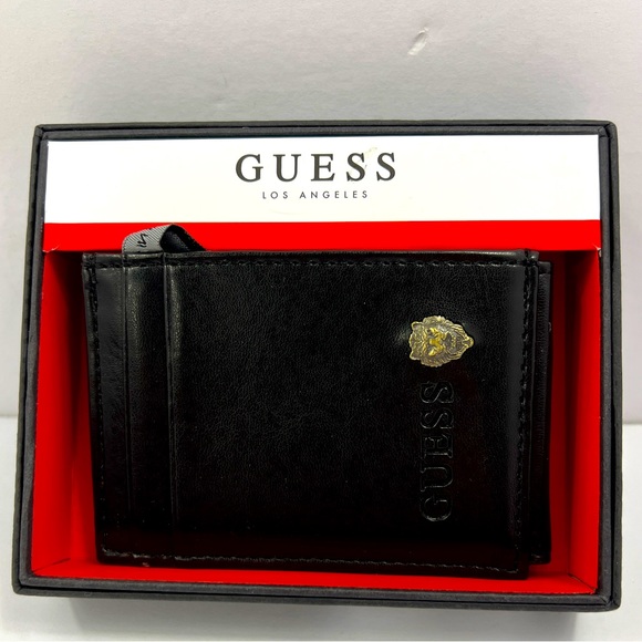 ⭐️GUESS💯 BLACK SINGLE FOLD MAGNET MENS WALLET, W/GUESS LION LOGO IN GOLD METAL - Picture 1 of 10